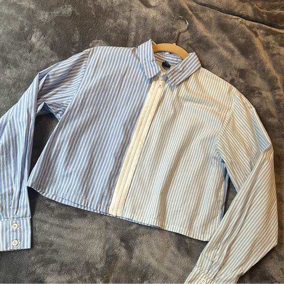 Preppy Striped Boxy Cropped Top Blue & White Collared Long Sleeve XS Mod Office - Picture 2 of 5